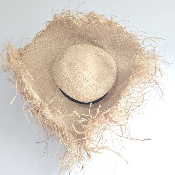 Nordstrom Brand Straw Fringe Black Trim Adjustable Hat One Size - Picture 1 of 8